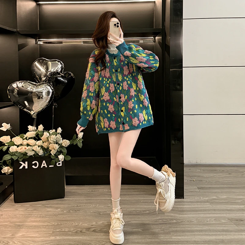 慵懒风碎花加厚毛衣开衫女复古宽松显瘦外套上衣软糯洋气针织开衫