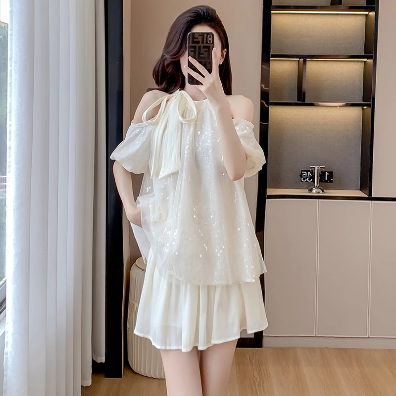 法式挂脖系带连衣裙露肩仙女娃娃裙雪纺上衣宽松气质网纱短裙套装