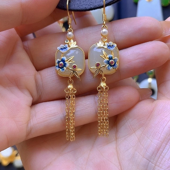 银S925镀金镶嵌和田玉耳饰