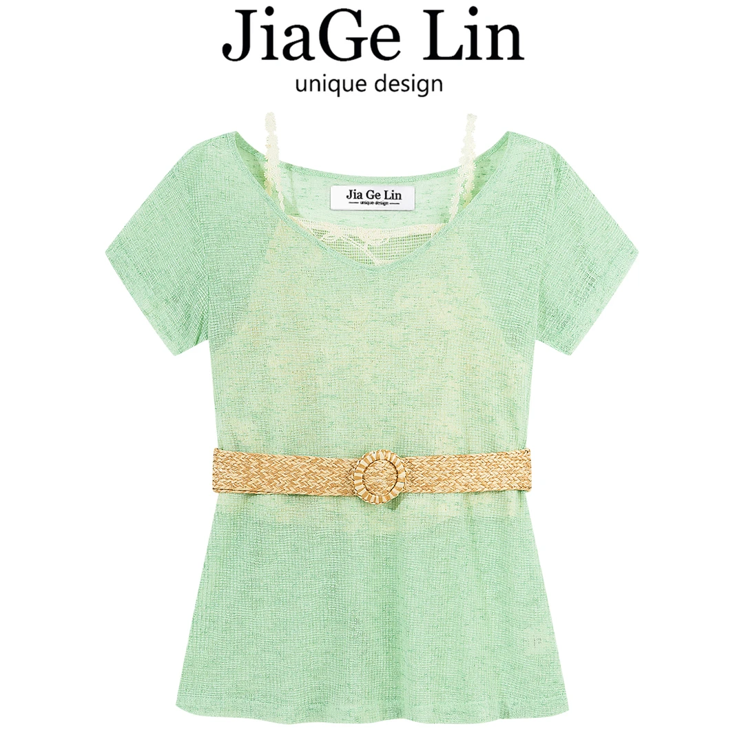JiaGeLin法式设计感镂空拼接假两件短袖T恤女夏时尚辣妹针织上衣