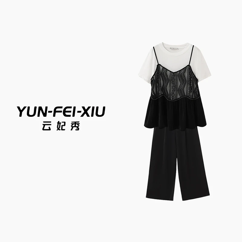 云妃秀大码女装套装气质显瘦上衣裤子吊带三件套胖妹妹夏22131AB