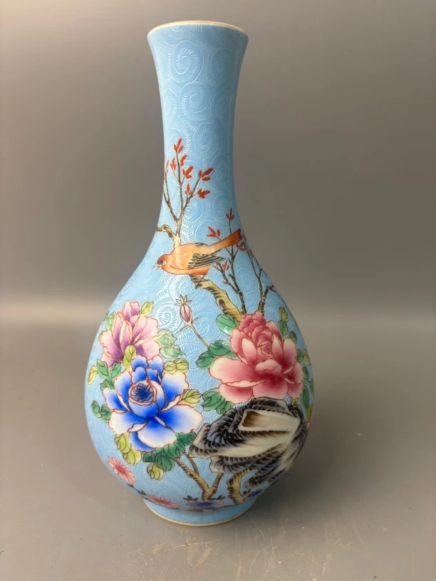 粉彩景德镇重工精工手绘扒花满工花鸟纹瓶