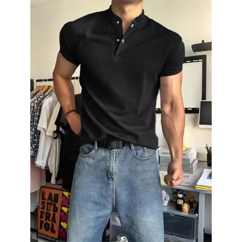 黑色亨利领POLO衫短袖男款夏季美式运动健身正肩t恤显肌肉三分袖
