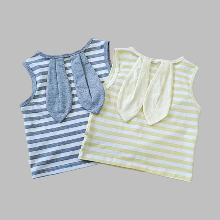 宝宝背心夏季薄款纯棉男童夏装外穿无袖t恤婴儿上衣女童条纹兔耳