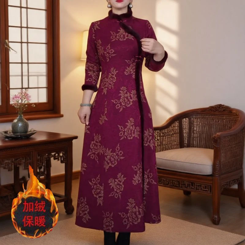 新中式加绒加厚改良旗袍裙高档时尚气质减龄显瘦遮肉中长款连衣裙