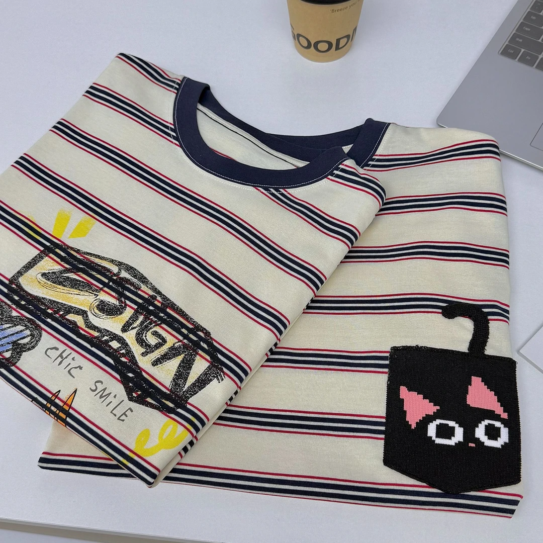 【条纹印花T恤】女士春季韩系宽松版圆领套头上衣T恤