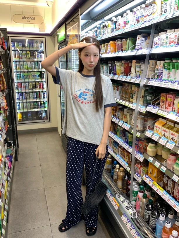 THESE DAY/2025夏季麻灰撞色卡通T恤/螺纹波点裤(no退no换）