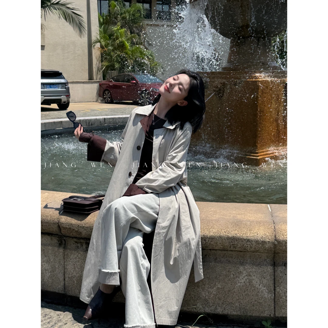 【东卡风衣】英伦翻领拼接撞色风中长款宽松风衣外套【正反两穿】