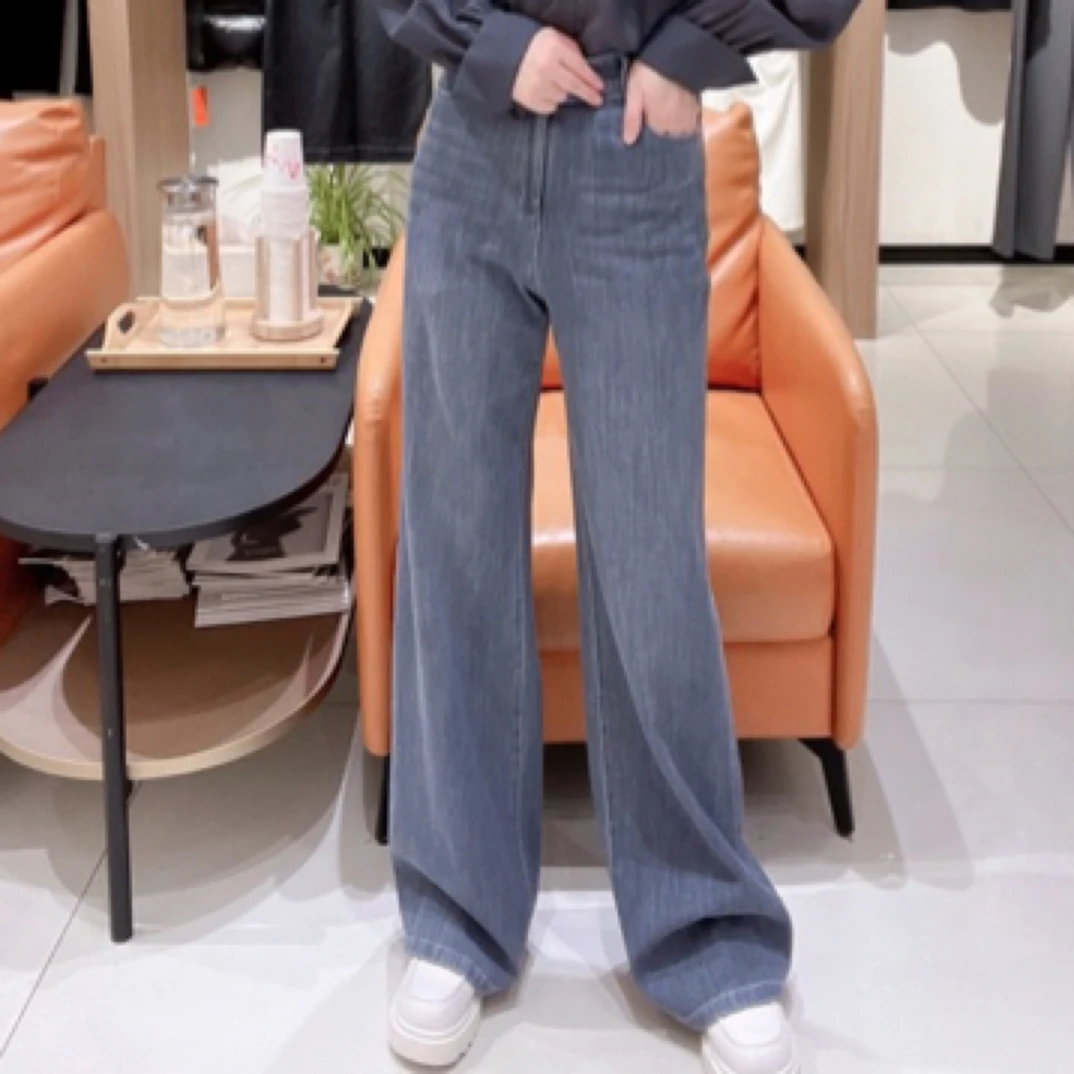 允硕微弹牛仔裤女宽松显瘦直筒阔腿拖地裤