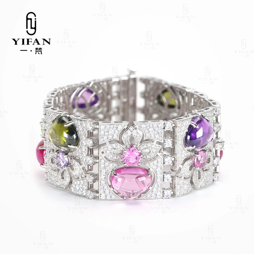 925银合成锆石手链 4059-彩石桃心红色复古时尚宽版糖果手链