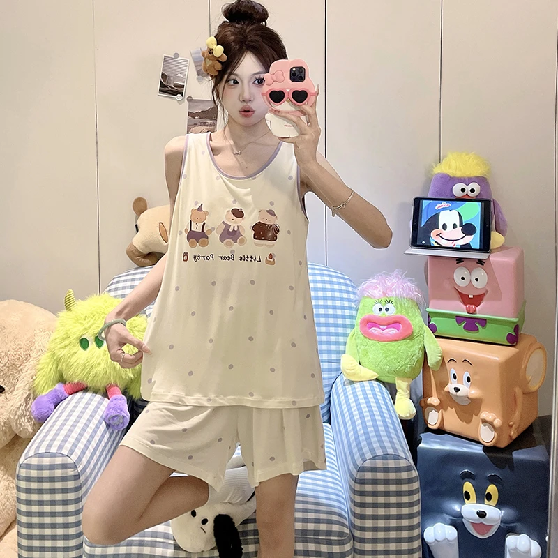 莫代尔无袖带胸垫睡衣女夏季背心可爱卡通学生少女甜美家居服套装