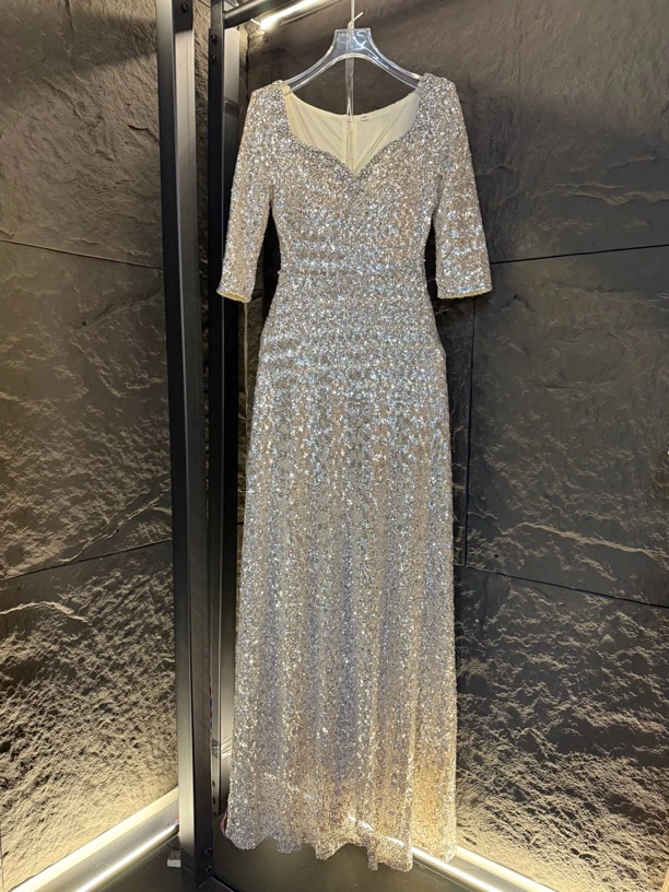 2025新款亮片中袖晚宴礼服长款A摆修身显瘦