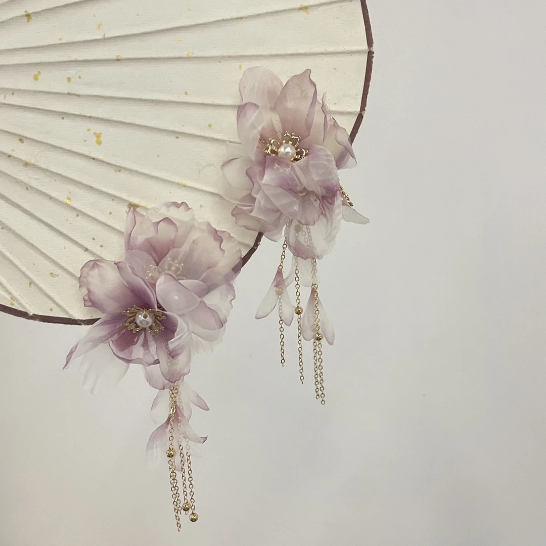 古风烫花紫色长流苏一对发夹