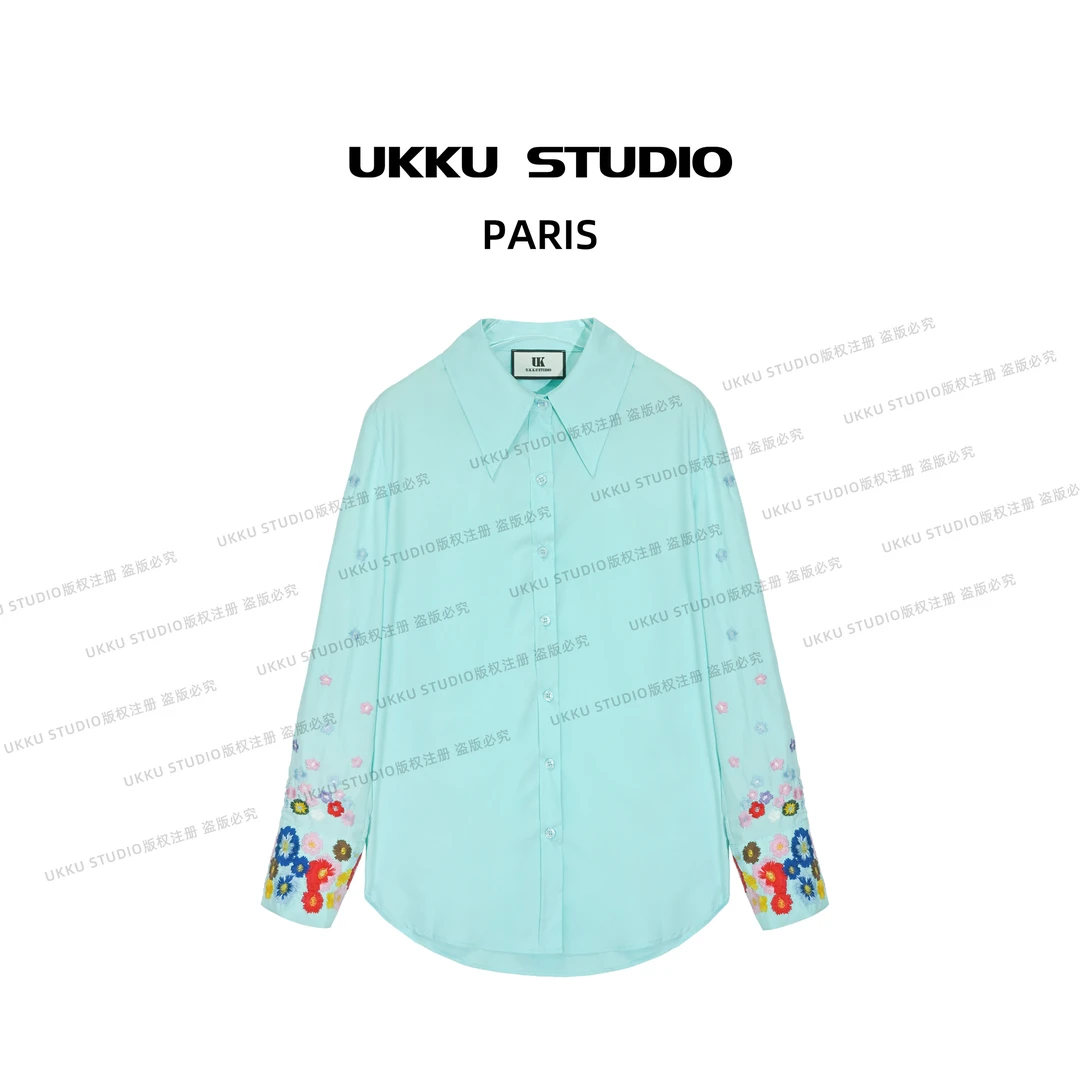 秀秀【UKKUSKUDIO】设计师款春秋冬气质手工刺绣女士衬衫613622