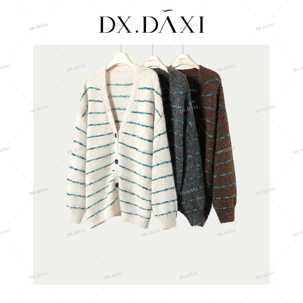 DX.DAXI【条纹日报】撞色条纹宽松针织开衫百搭时尚韩版显瘦外套