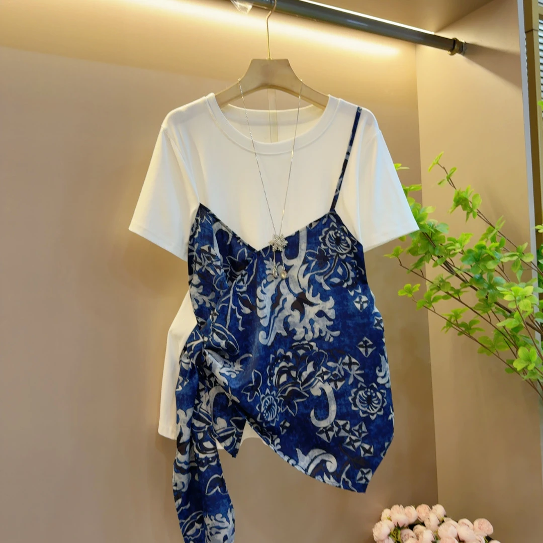 时尚夏季百搭气质设计款宽松系绳减龄假两件上衣（衣长63左右）