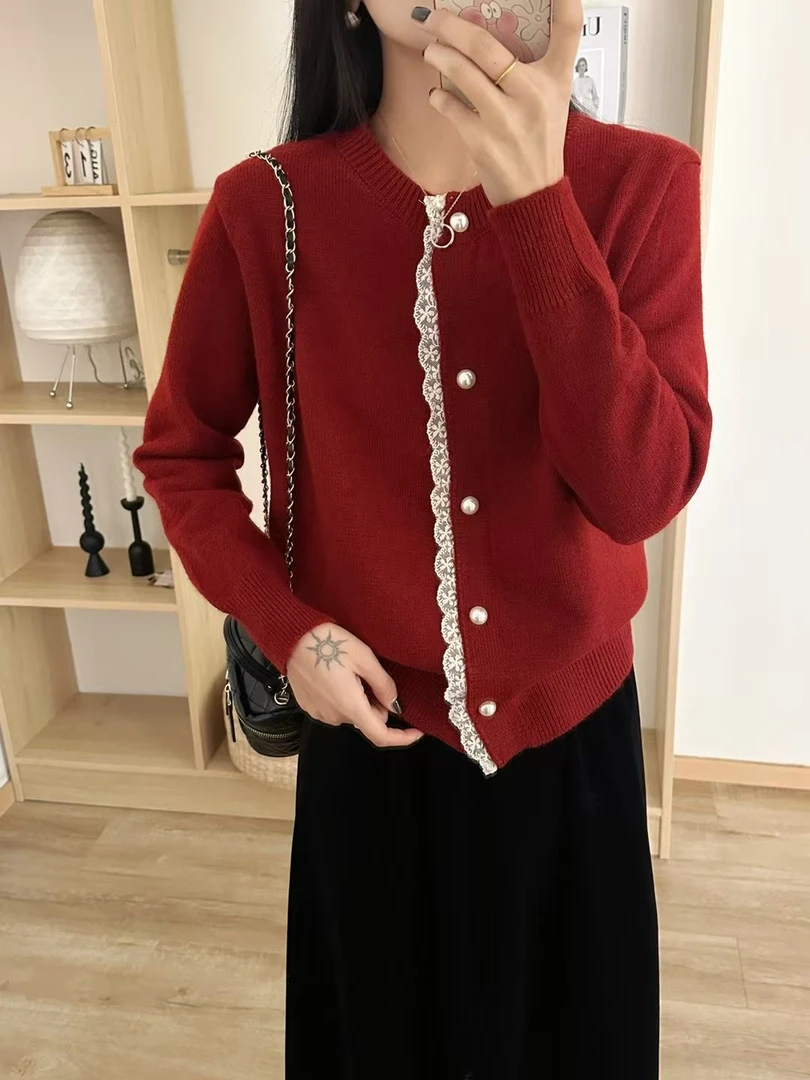 「小香开衫TY」蕾丝针织开衫毛衣女2025新款秋冬外套爆款洋气上衣