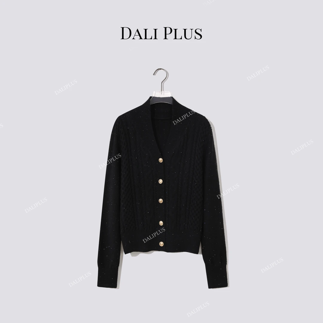 DALI PLUS“V领夹克针织”绵羊毛混纺闪闪开衫-D5QX0026
