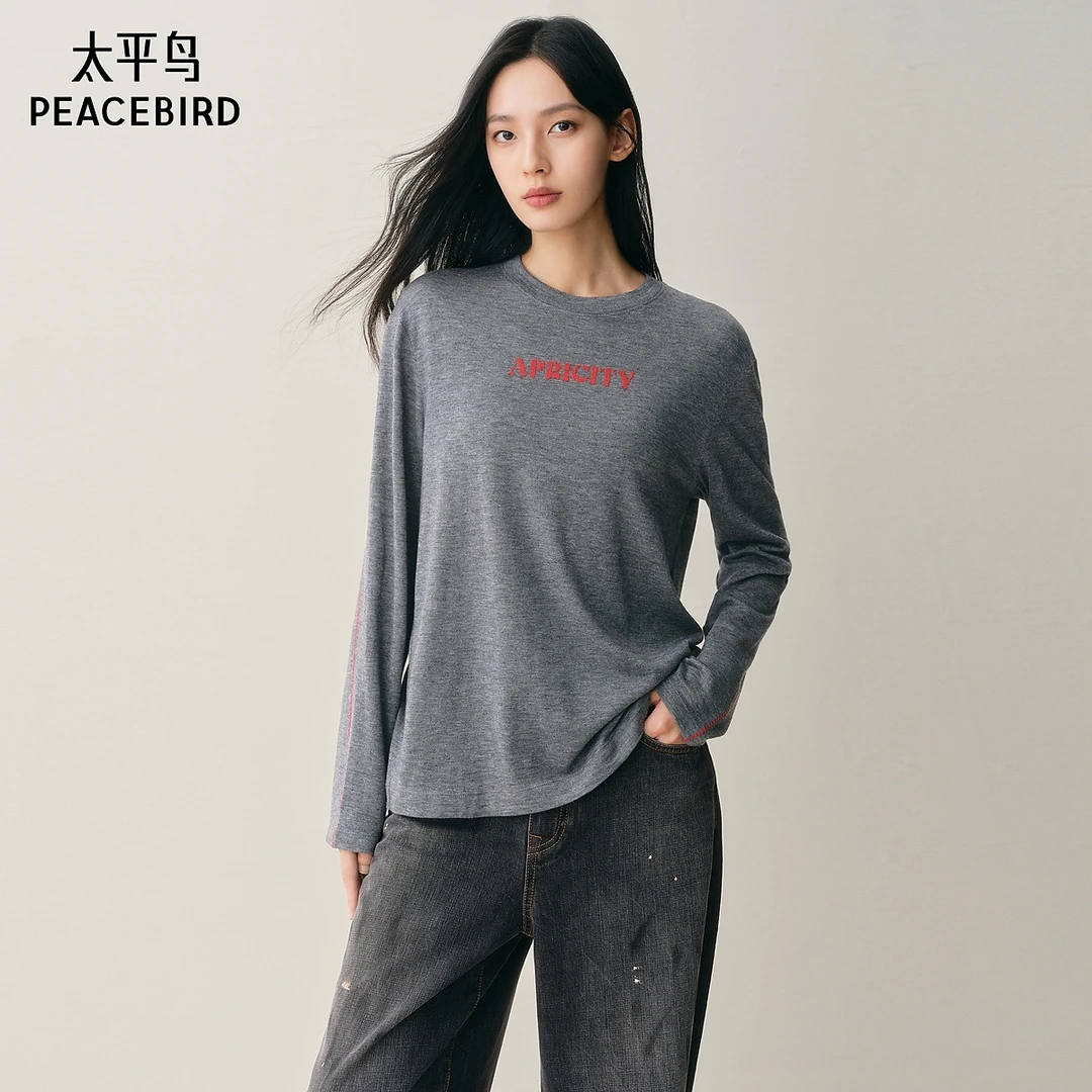 【商场同款】太平鸟25冬季新款羊毛混纺撞色字母长袖T恤A3CPF410H