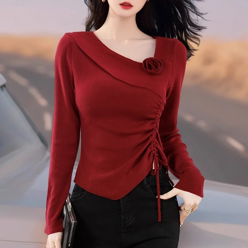 抽绳设计感显瘦针织衫女秋冬新款时尚一字肩优雅气质百搭上衣内搭