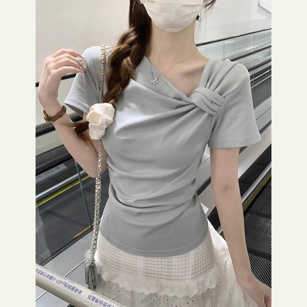 纽结设计斜领短袖t恤女不规则夏季盐系甜美温柔修身显瘦短款上衣