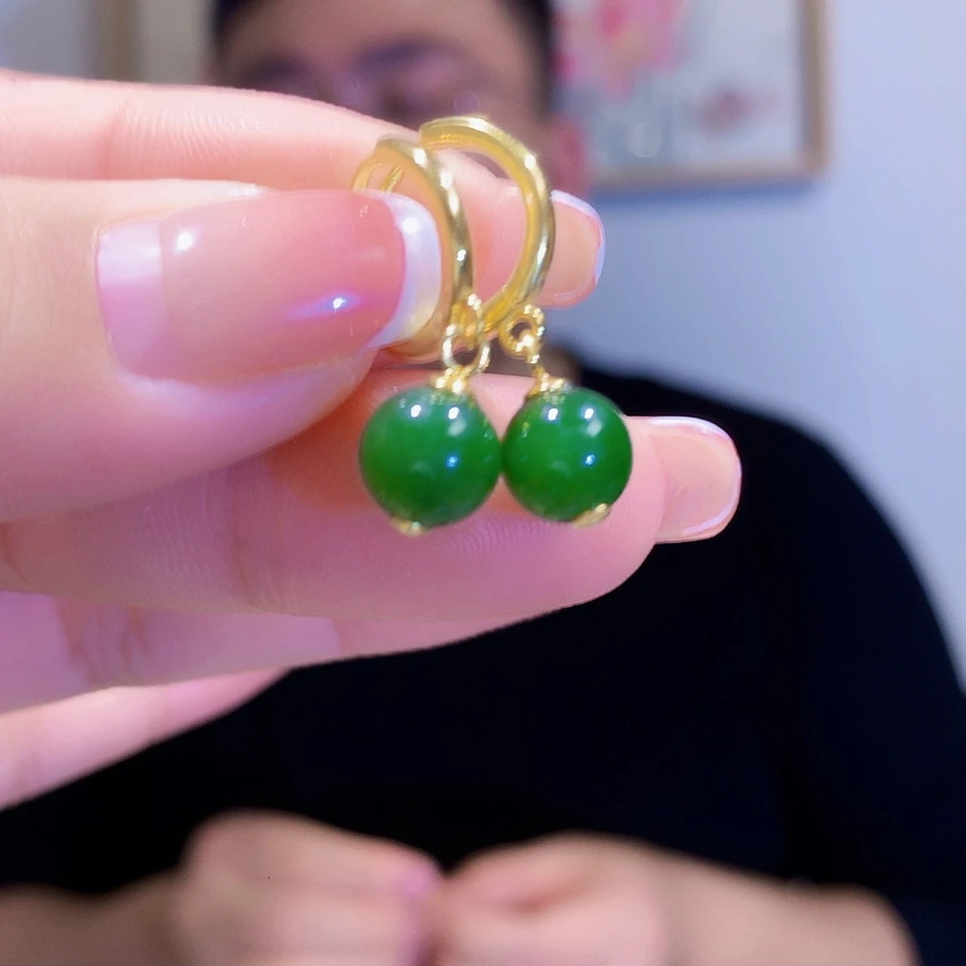 和田玉（碧玉）耳饰银S925镀金镶嵌