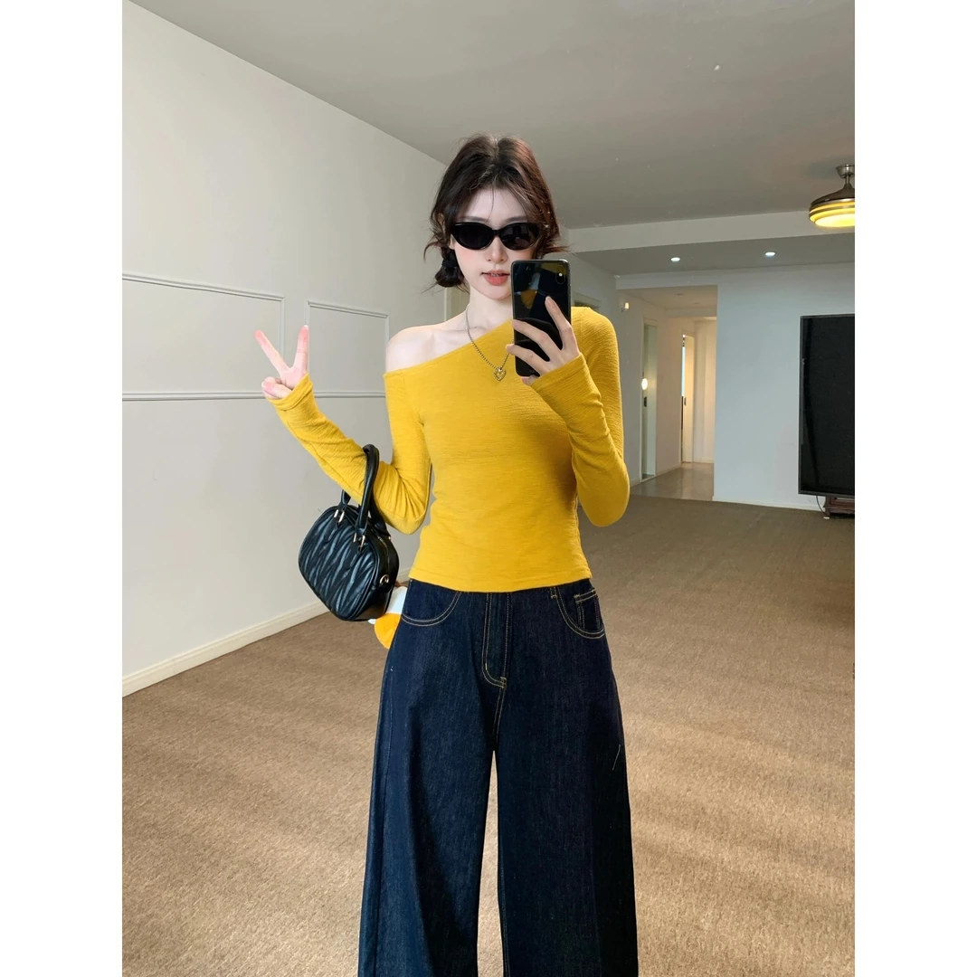 美式辣妹黄色紧身长袖t恤女早春新款修身显瘦收腰上衣