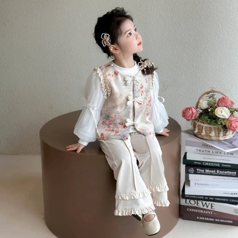 女童套装春装2025新款洋气儿童新中式国风马甲三件套宝宝春秋衣服