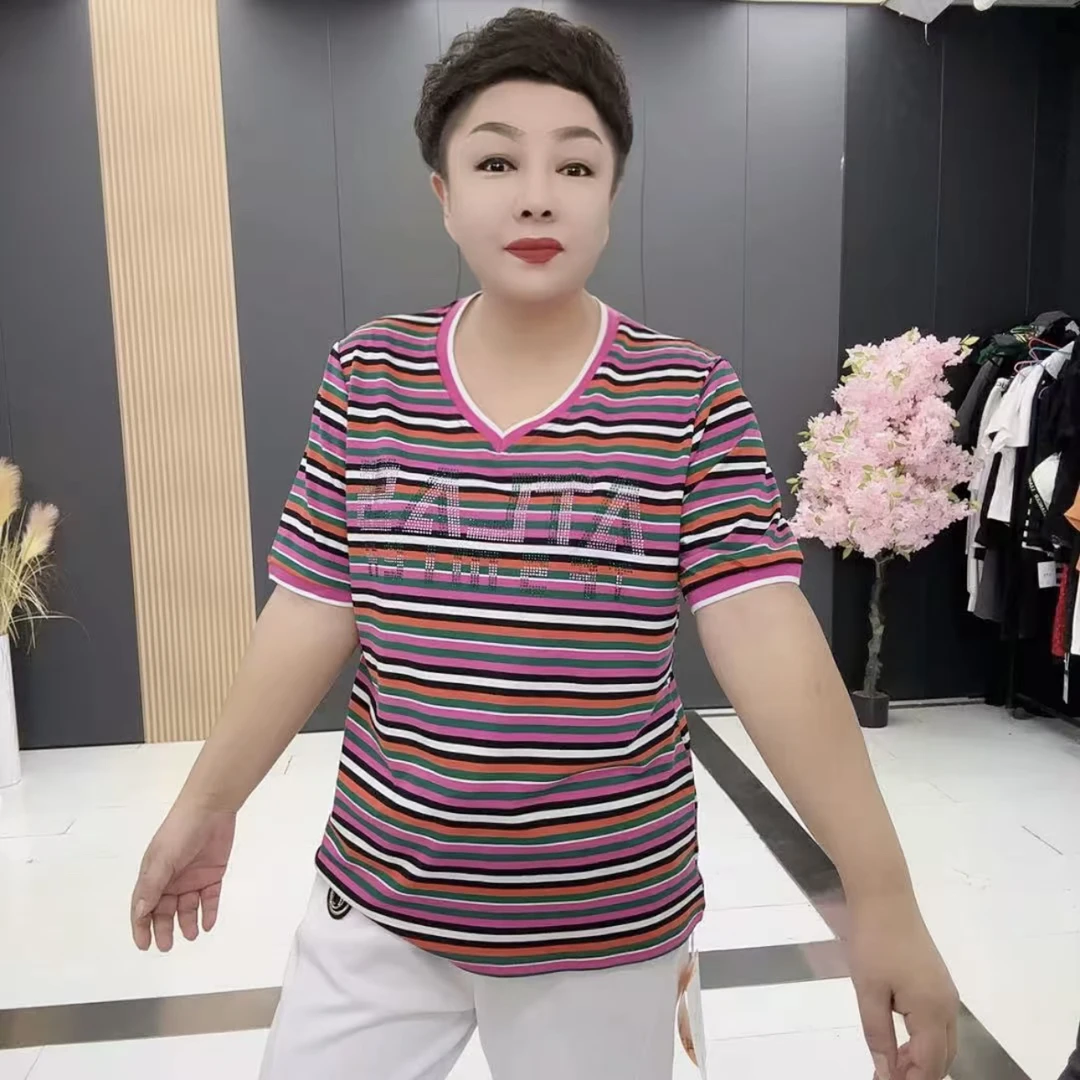 3013#时尚大码条纹休闲常规款V领T恤半袖女士百搭上衣衫