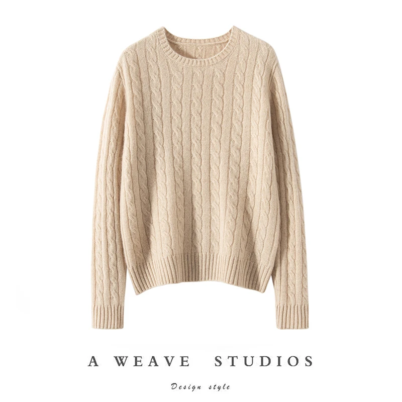 秋冬新款羊绒衫女100%山羊绒圆领绞花针织打底衫时尚百搭圆领麻花