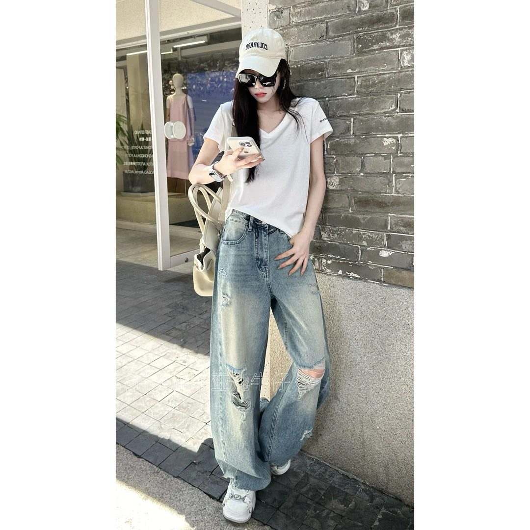 [雪花破洞抽绳]夏季新款破洞牛仔阔腿拖地裤宽松显瘦适合多种身材