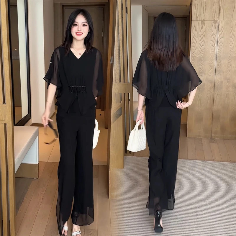 显瘦气质洋气高腰时尚休闲夏季短袖轻熟套装黑色垂感韩版宽松