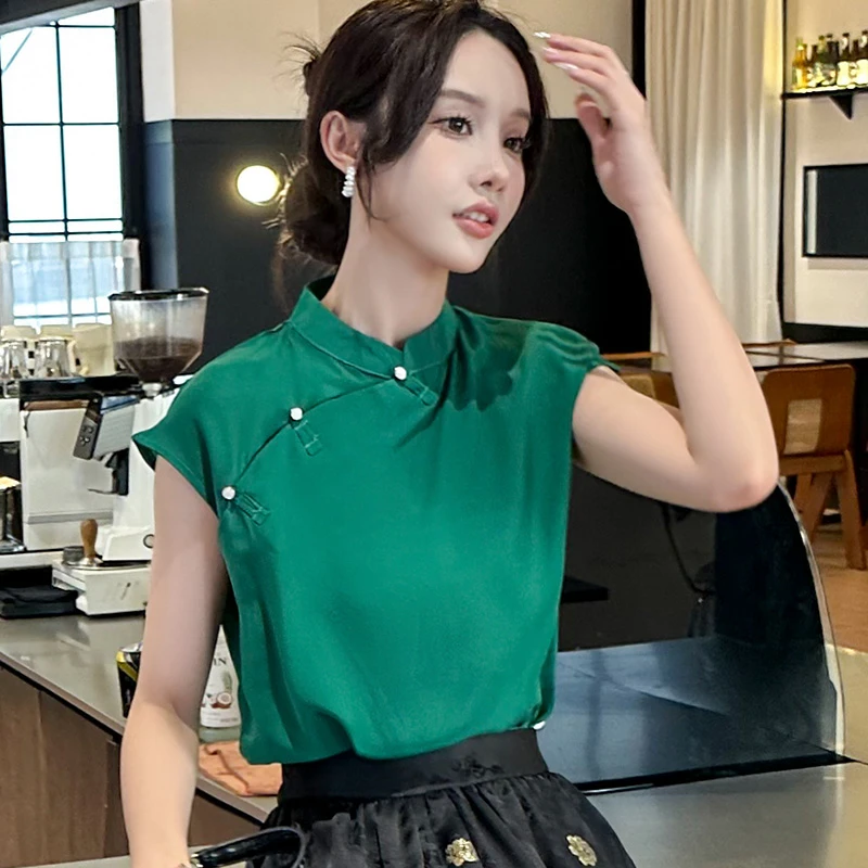 【亏本清仓】重磅真丝t恤衬衫女2025夏新款设计感小众新中式盘扣