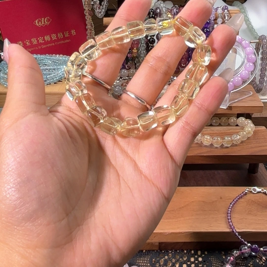 黄晶手串未镶嵌珞*柠檬黄水晶随形方糖手串素串