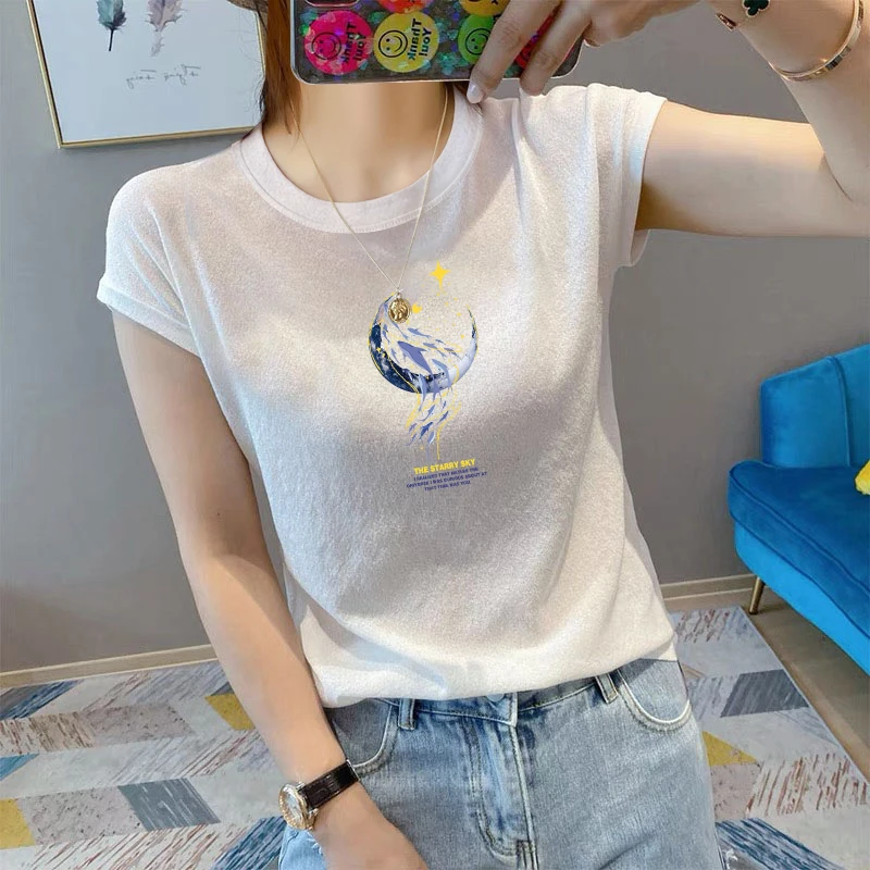 白色冰丝短袖T恤女士2025夏季新款宽松圆领正肩半袖体恤印花上衣