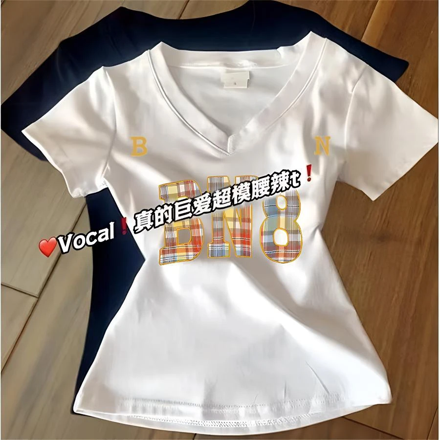 夏季多巴胺新款辣妹风法式V领正肩短袖T恤女奶修身显瘦上衣学生