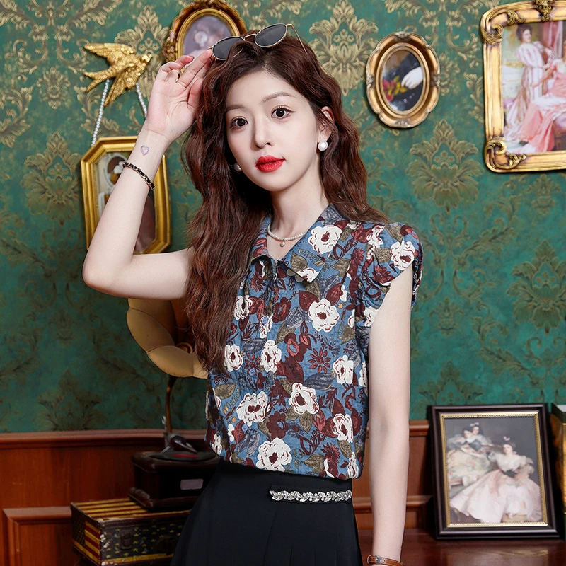 港风复古衬衫女士夏季新款显瘦时尚百搭印花森系INS风小个子上衣
