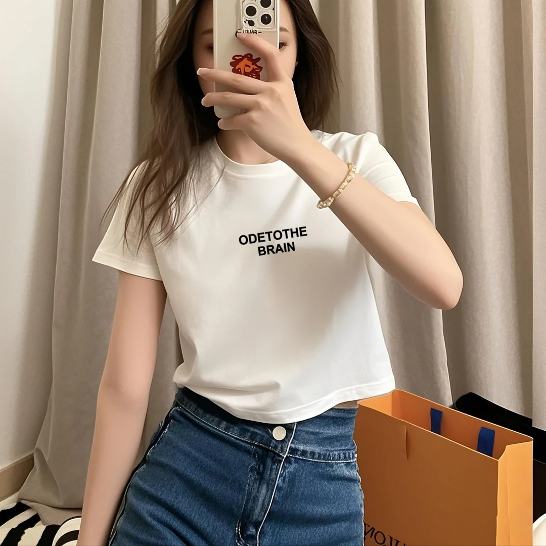 正肩t恤女生短袖棉夏季独特露脐高腰圆领简约热辣上衣欧美短款潮
