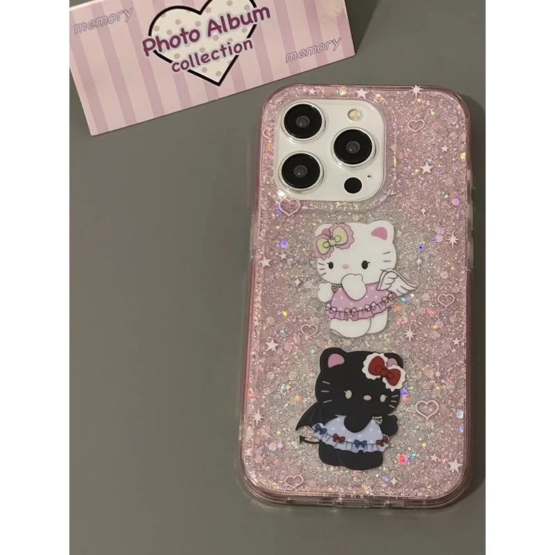 韩系ins黑白天使KT适用苹果15promax手机壳iPhone16/13闪粉14女11