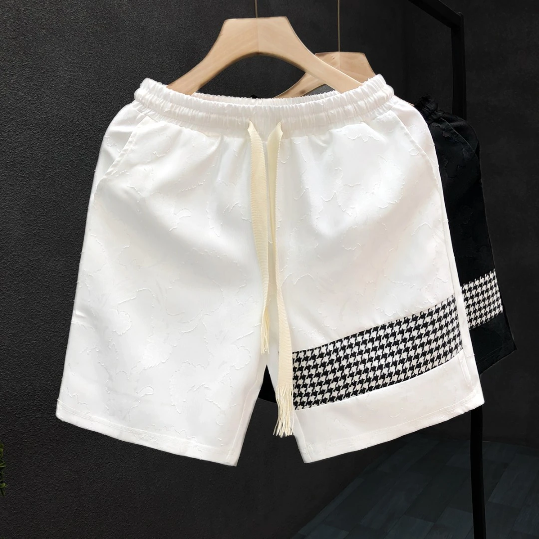 郎的进口面料暗花纹白色休闲短裤男潮牌系带五分裤夏季薄款大裤衩