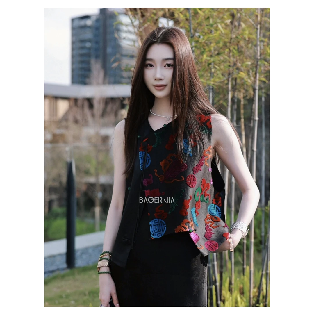 99-【传承/尊贵】宝儿家含幂BJ83925103国潮风漳绒桑蚕丝气质马甲