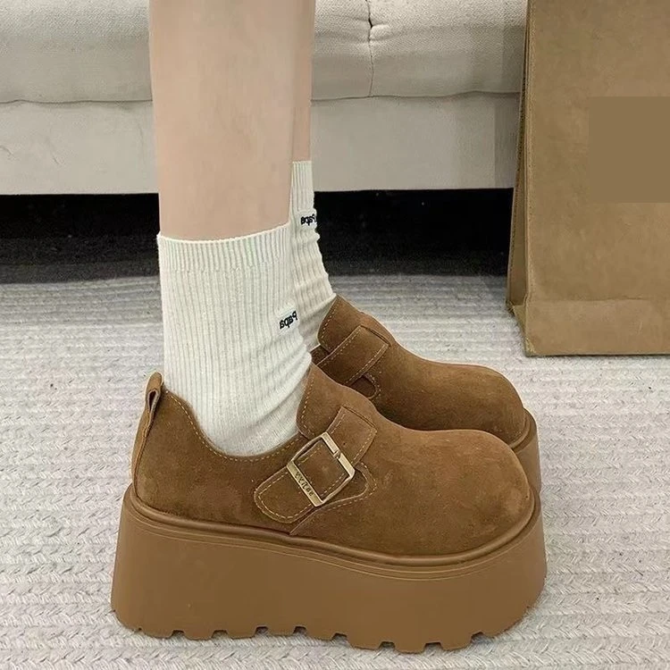 小个子增高6CM厚底勃肯单鞋女2025秋季新方头羊皮内增高加绒勃肯