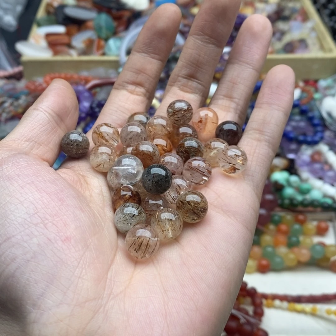 玛瑙/玉髓未镶嵌珠宝半成品两个天然10mm黑金超七水晶