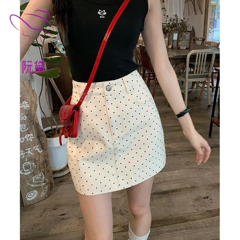 阮黛波点牛仔半身裙爆款夏季2025新款设计感高腰A字辣妹包臀短裙