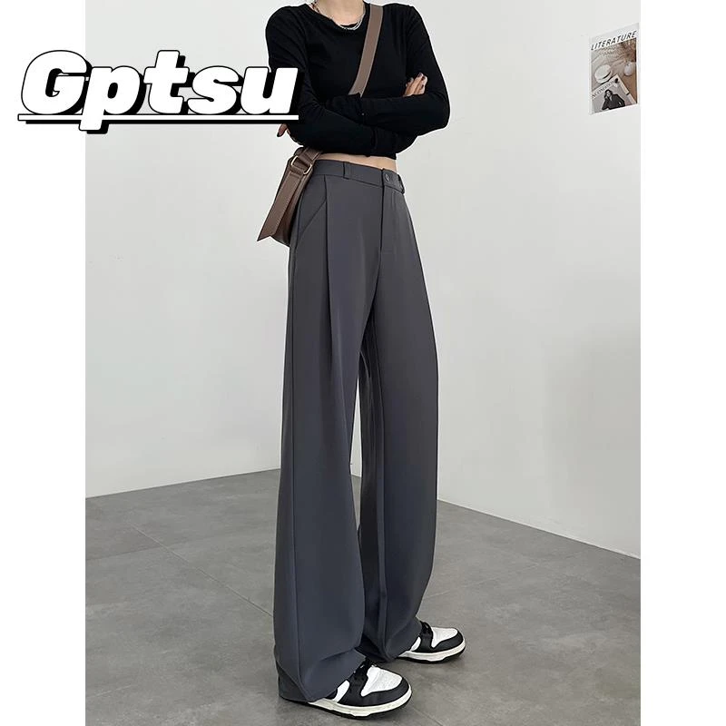GPTSu灰色西装裤女春秋高腰显瘦高级垂感西裤薄款直筒冰丝阔腿裤
