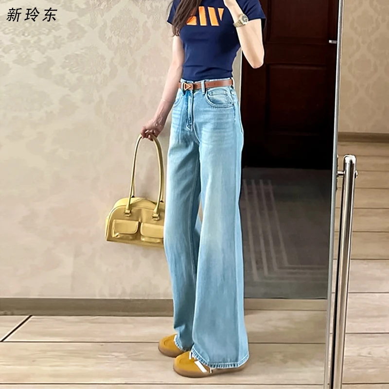 怀旧浅蓝高腰瘦直筒牛仔裤女2025夏季宽松垂感小个子裤子女款夏季