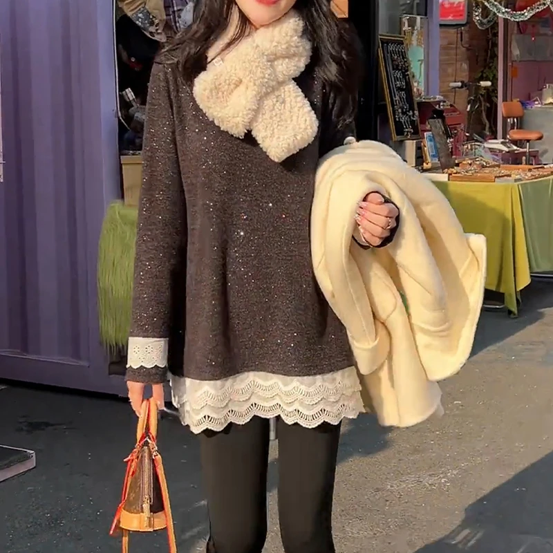 春秋季蕾丝花边拼接下摆长袖打底衫女休闲百搭长袖T恤宽松慵懒风