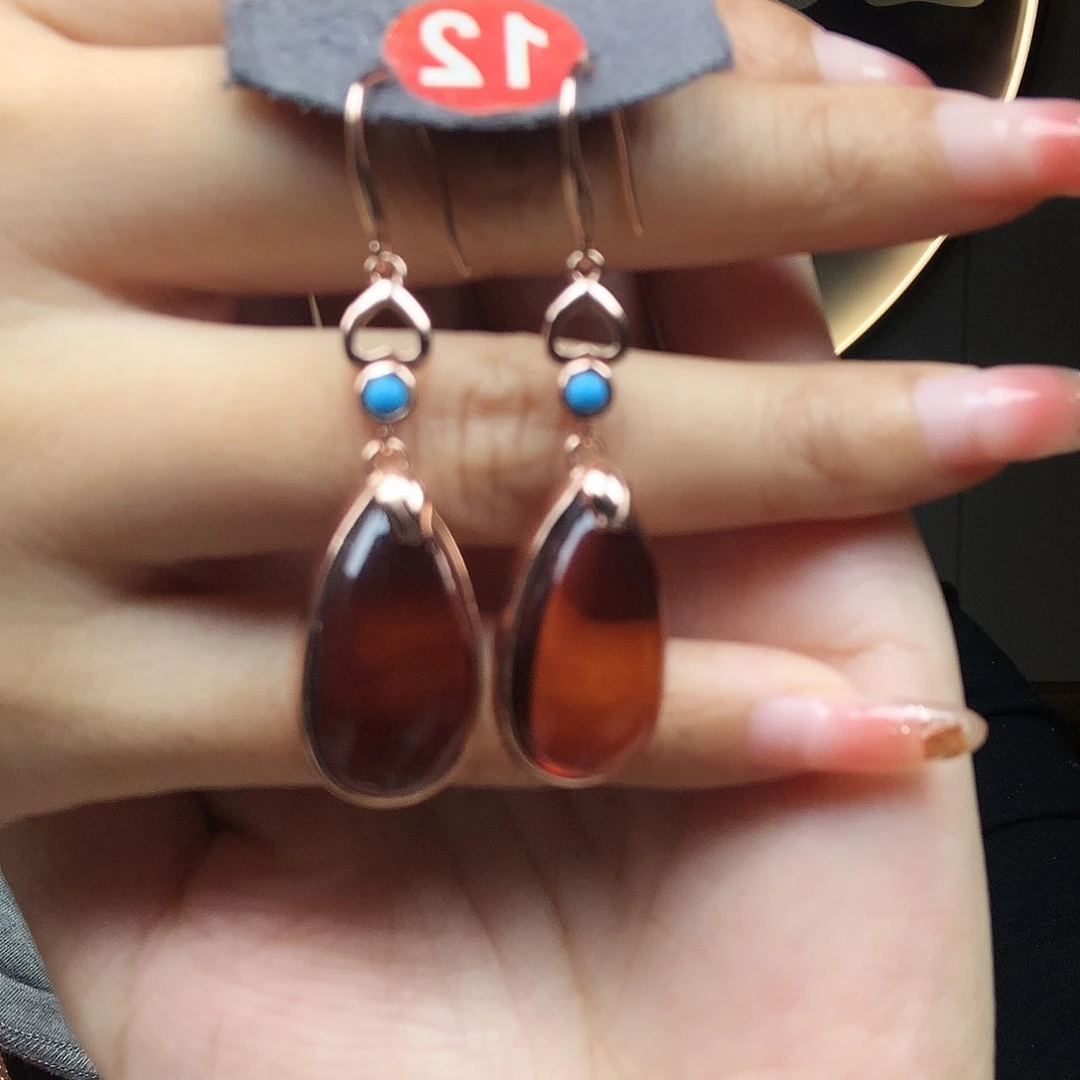 血珀耳饰银S925镶嵌耳坠