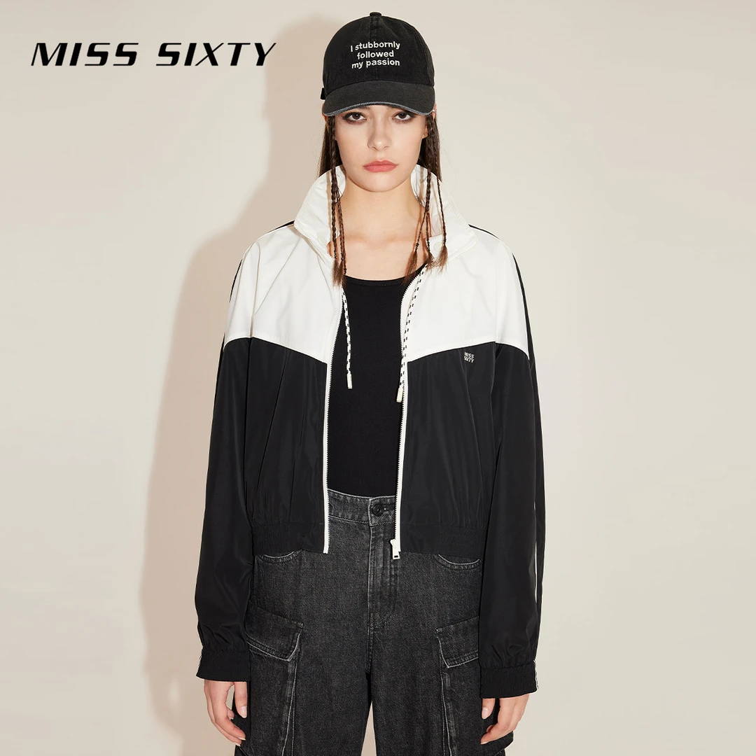 Miss Sixty新款休闲外套女可收帽拼色短款运动风感波粒