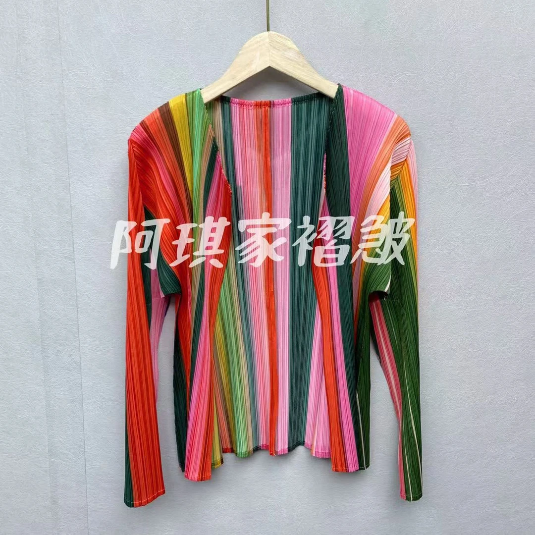 褶皱条纹彩虹夏季外套百搭短款简约经典条纹时尚外搭春季外套女装